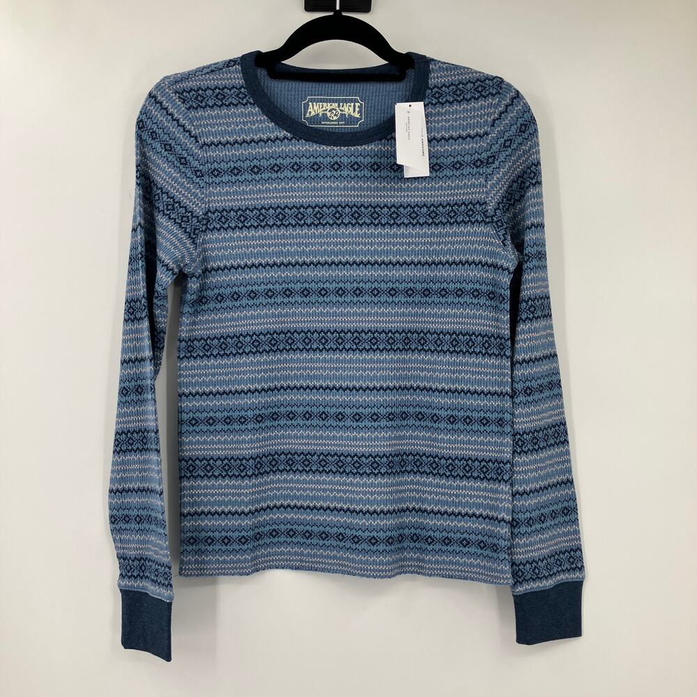 American Eagle Blue Nordic Crew Neck Raw Hem Long Sleeve Waffle Thermal Shirt
